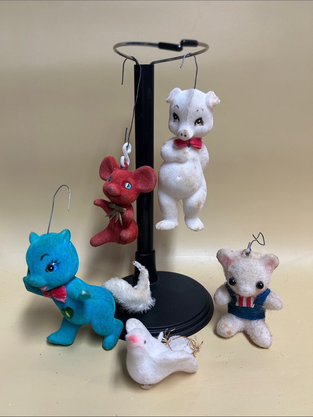 Vintage Flocked Felt Animals Christmas tree Ornaments Lot 6